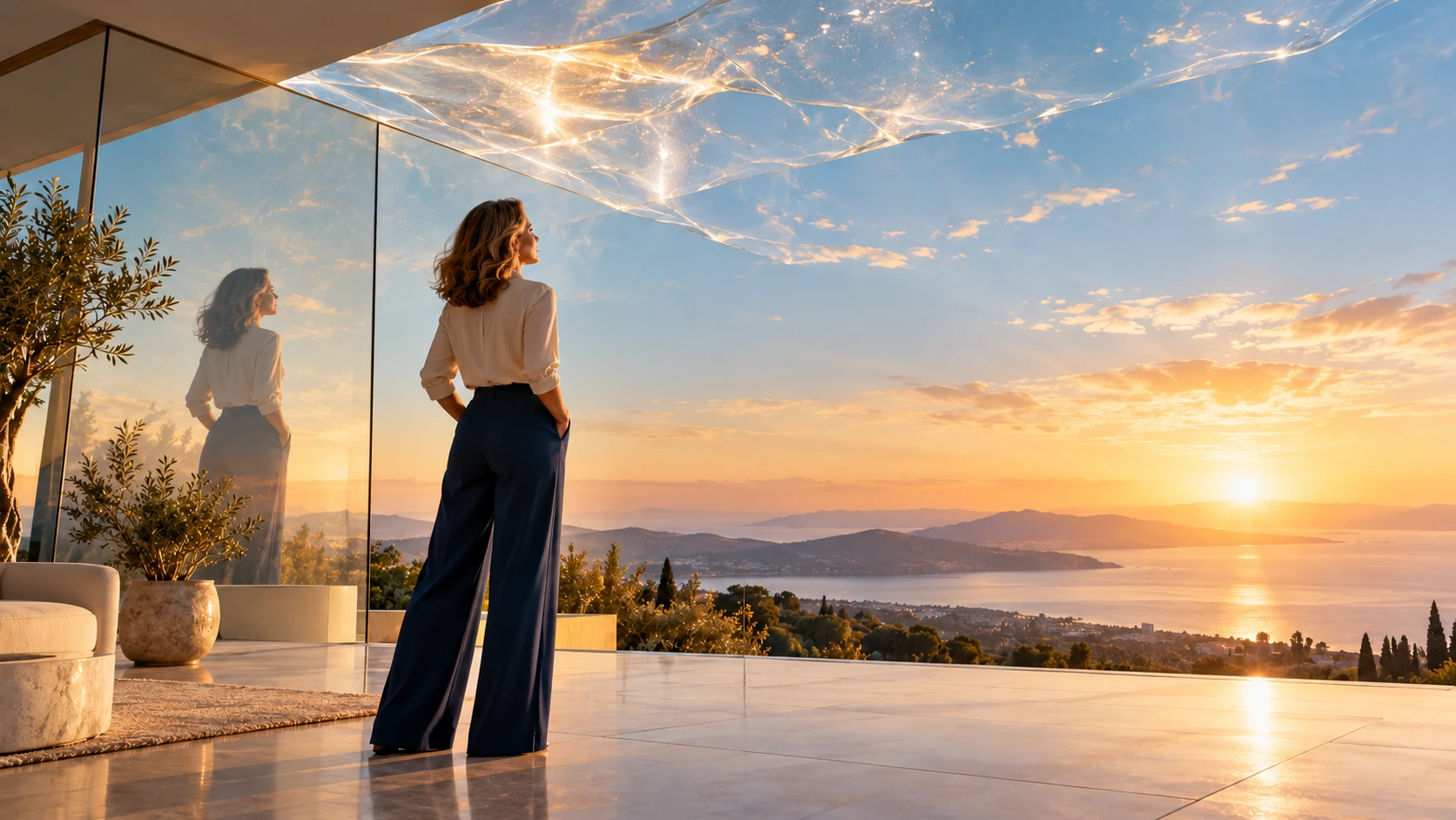 A woman standing beneath a translucent ceiling opening toward a warm sunrise, symbolizing an expanding self-image.